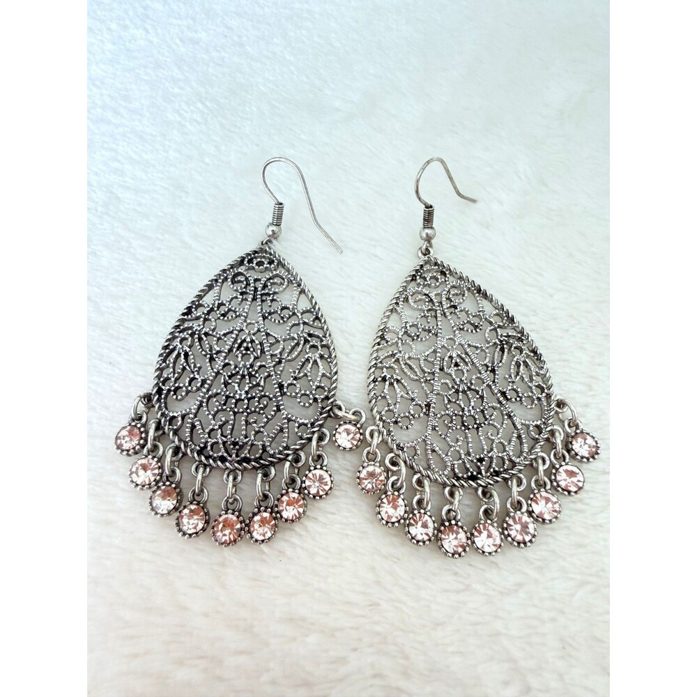 Antique Silver Tone Filigree Teardrop Chandelier Earrings Clear Rhinestone Fring